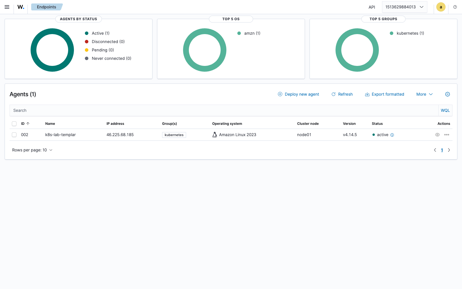 Wazuh Endpoints page - the chart's DaemonSet has self-enrolled the agent (k8s-lab-templar, ID 002) into the kubernetes group, status Active, version 4.14.5, OS detected as Amazon Linux 2023